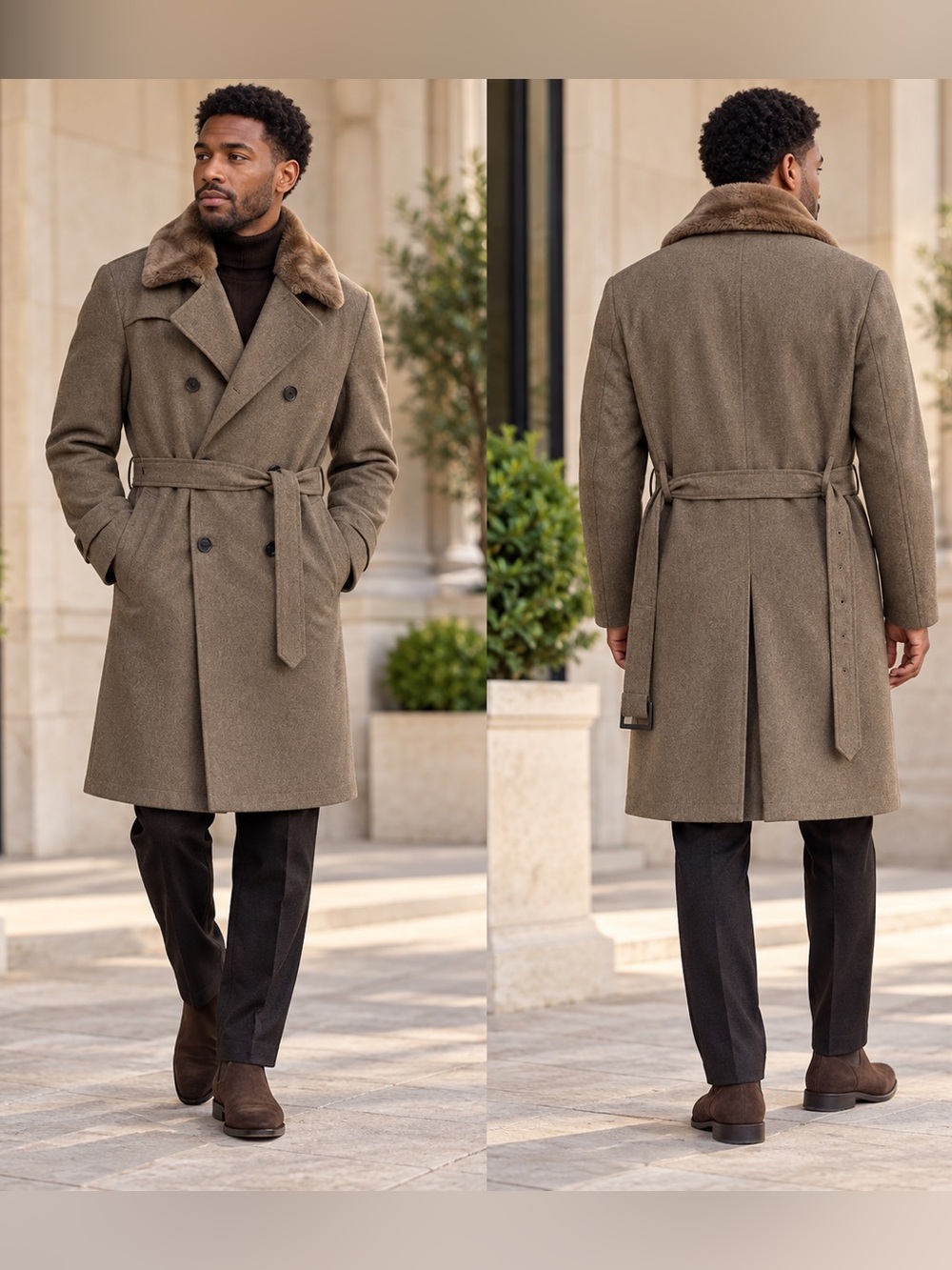 Zara Man M Taupe Double Breasted Belted Trench Coat Removable Liner Fur Collar M